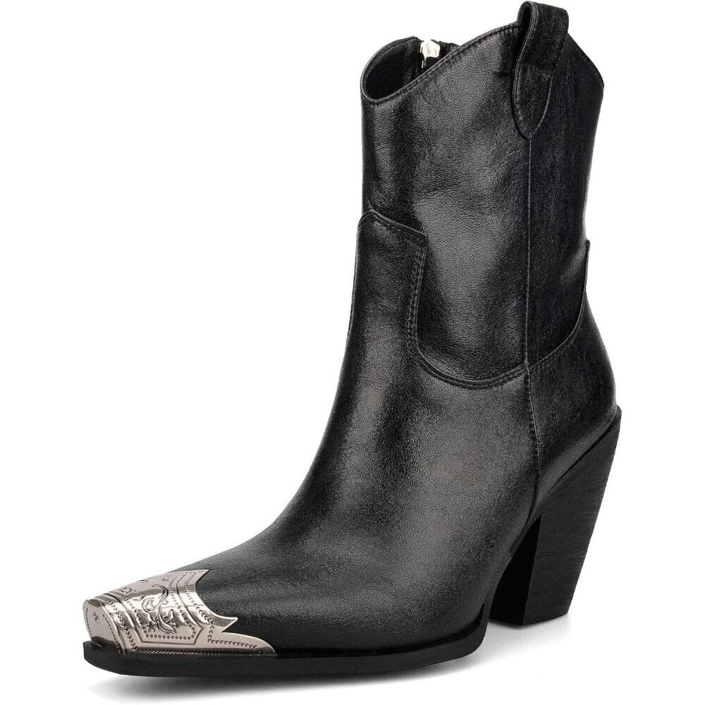 Women's Black Engraved Steel Toe Cowgirl Boots Stacked Block Heels Short Boots